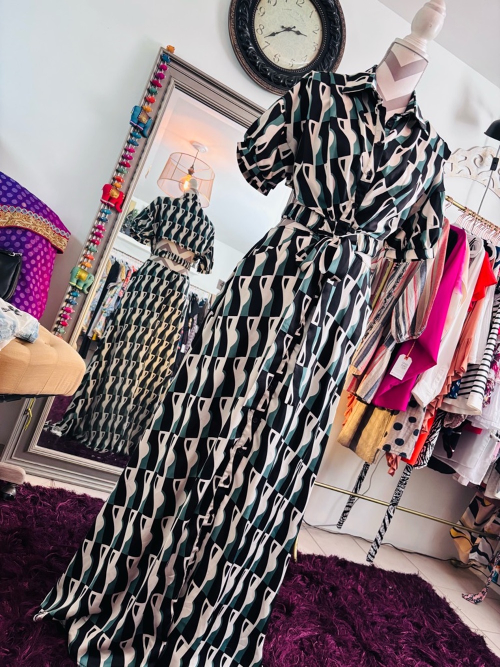 Geometric Black & Cream Maxi Shirt Dress with Self-Tie Waist